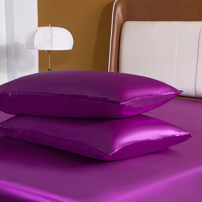 4 Piece Luxury Purple Satin Fitted Sheet Set