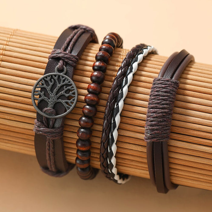 5pcs Brown Silver Quartz Watch Leather Bracelet For Men Round Watch Brown PU Leather Life Tree Bracelet Watch Set