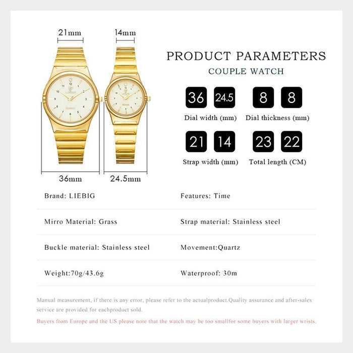 Quart Movement Women Mens Watches Luxury Stainless Steel Female Ladies Golden Wristwatch Clock