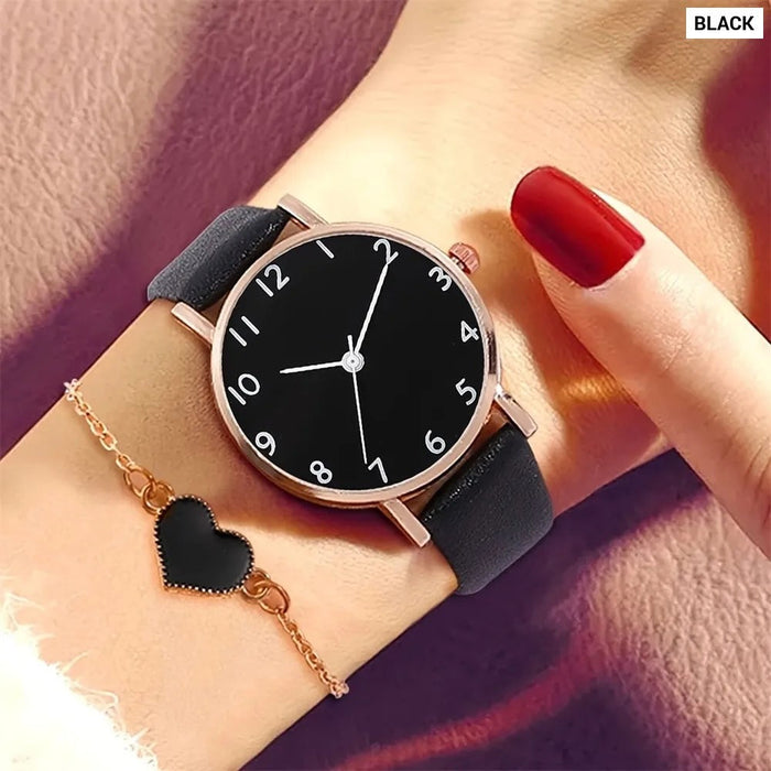 2Pcs Set Watch Women Fashion Casual Leather Belt Watches Simple Ladies Round Dial Quartz Wristwatches Dress Clock