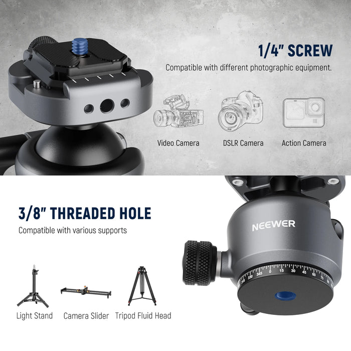 Low Profile Tripod Ball Head For Peak Capture Camera 40Mm Metal Panoramic Mount With 1/4 Arca Plate