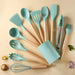 12 Piece Wooden Handle Silicone Kitchen Utensils Storage