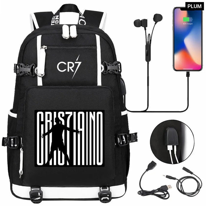 Unisex Cr7 School Bag For Kids Usb Charging Orthopedic Black