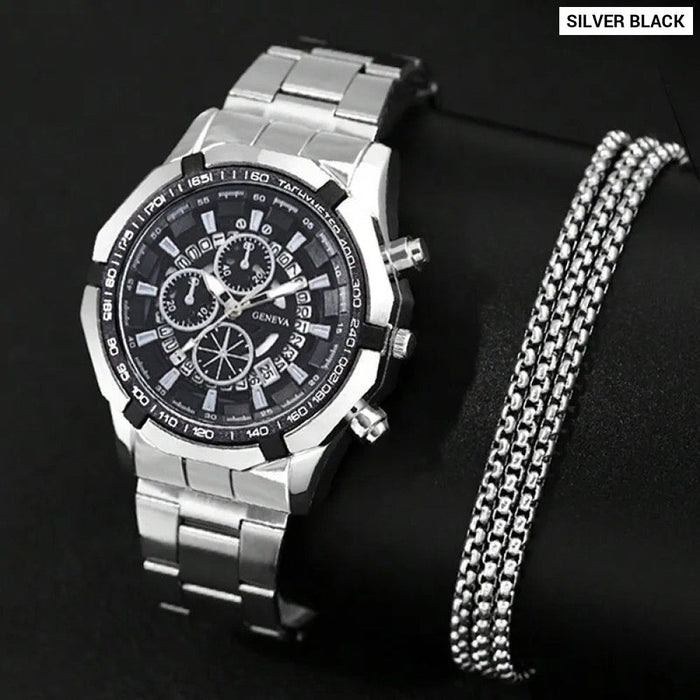 Fashion Mens Necklace Watches Luxury Stainless Steel Quartz Wristwatch Calendar Men Business Casual Watch