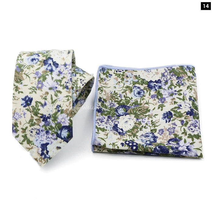 Floral Cotton Ties And Pocket Square Set For Business And Weddings