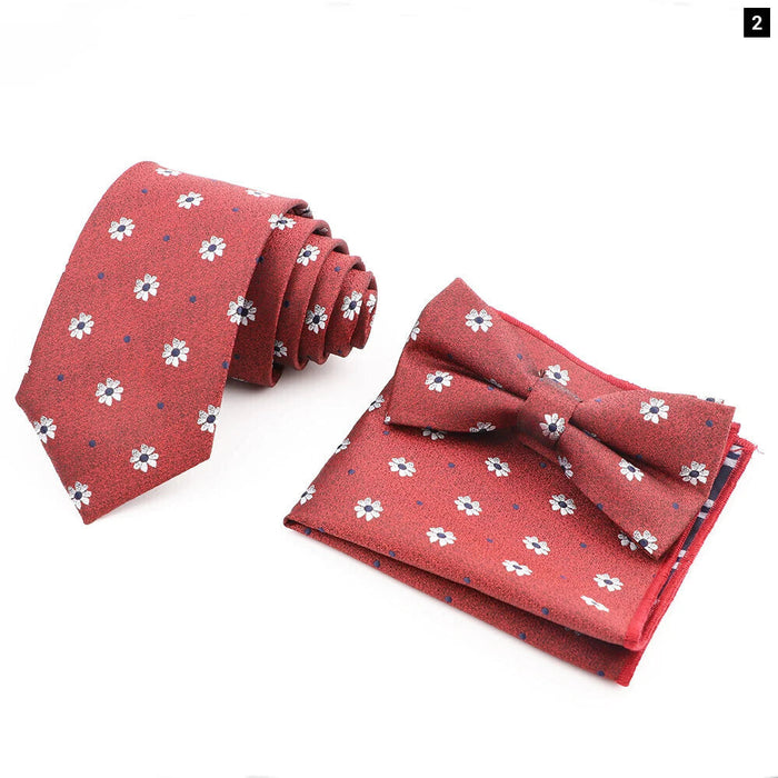 Red Plaid Tie Set Classic Handkerchief Bowtie For Business Wedding Party Mens Gift