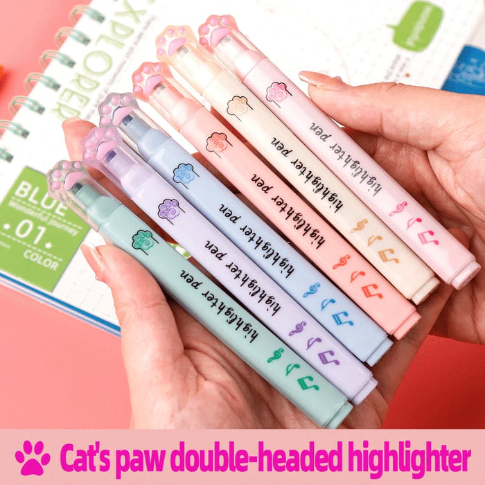 Pack Of 6 Kawaii Cat Claw Highlighters Fluorescent Art Markers