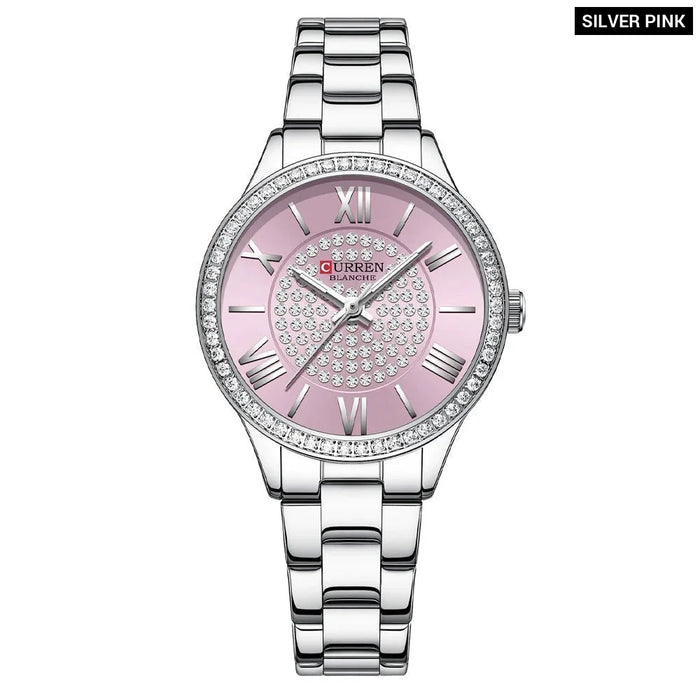 Stainless Steel Rhinestones Rose Dial Quartz Wristwatches For Women