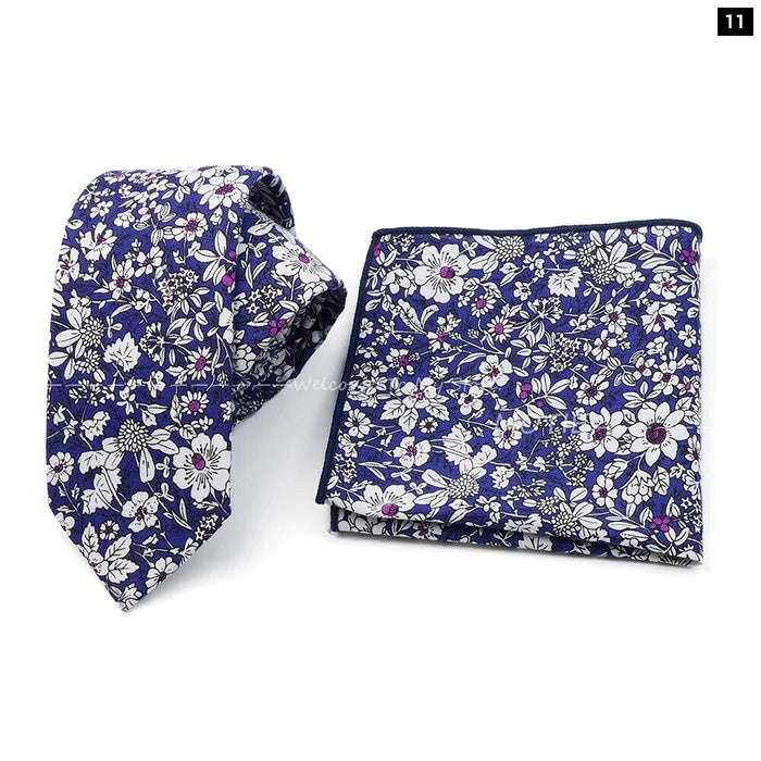 Floral Cotton Ties And Pocket Square Set For Business And Weddings