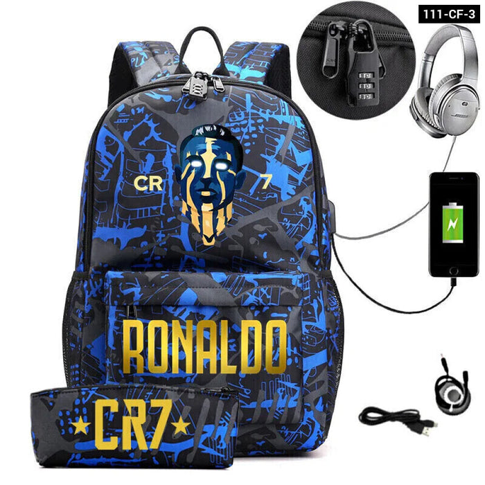 Ronaldo Printed Backpack With Usb And Lock 2 Piece Set