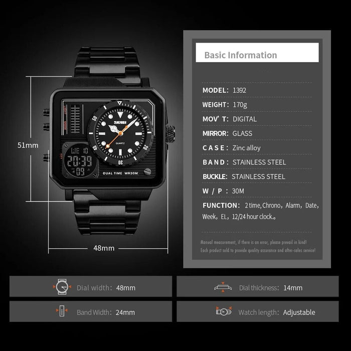 Men's Stainless Steel Band Digital Analog 3 Time Date Calendar Display Dual Display 3ATM 30M Water Resistant Wristwatch