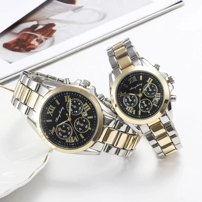 Mens & Womens 4Pcs Quartz Steel Couple Watch Set With Bracelet & Necklace