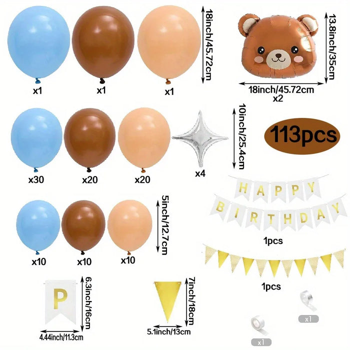113Pcs Brown Birthday Balloon Set With Bear Shape Aluminum Balloon For Birthday Party Event Celebration Festival Party