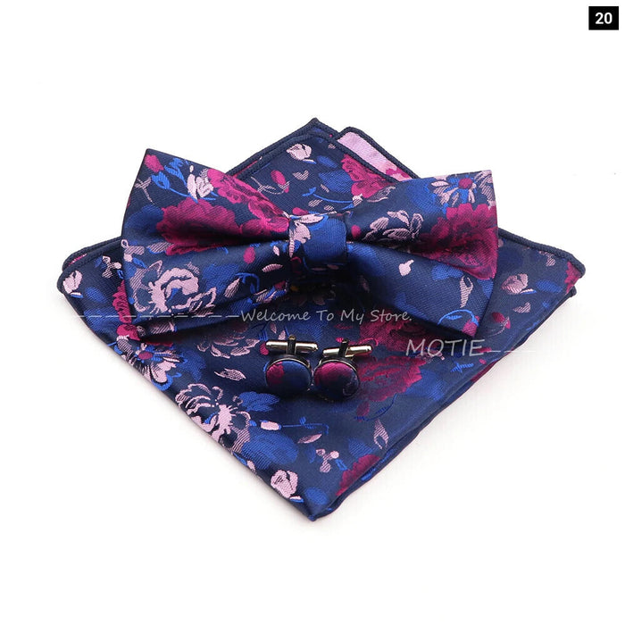 Blue Floral Pocket Square Set Bowtie Cufflink Brooch For Weddings