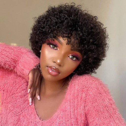 Short Afro Curly Bob Human Hair Wigs With Bangs For Women