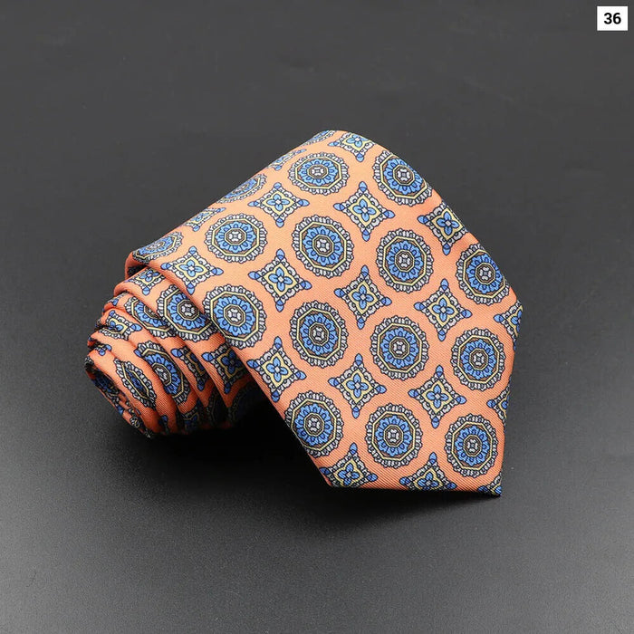 Silk Tie For Men 7.5Cm Soft Novelty Necktie In Blue Green And Orange Dot And Floral Design For Weddings And Business Gift Idea