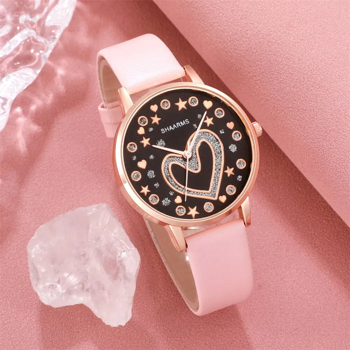 6Pcs Set Women Love Dial Watch Brand Design Female Clock Pink Leather Band Ladies Watches Simple Casual Quartz Wristwatches