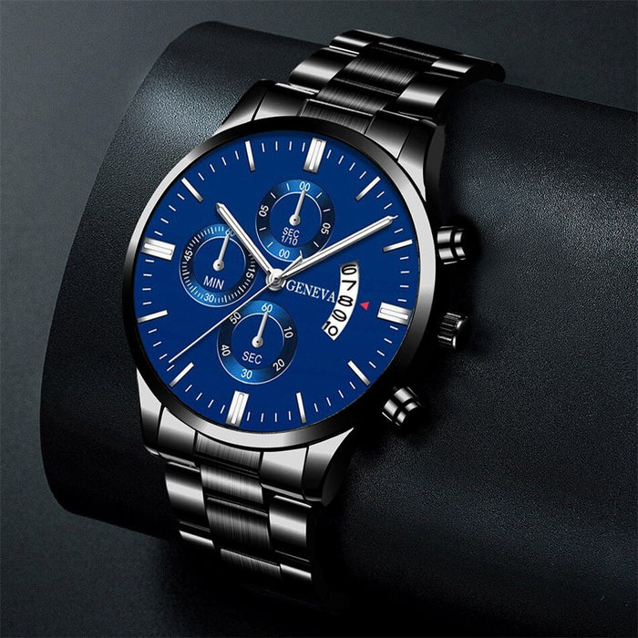 3PCS Set Fashion Mens Calendar Watches Luxury Men Business Black Stainless Steel Quartz Watch Male Necklace Bracelet Wristwatch