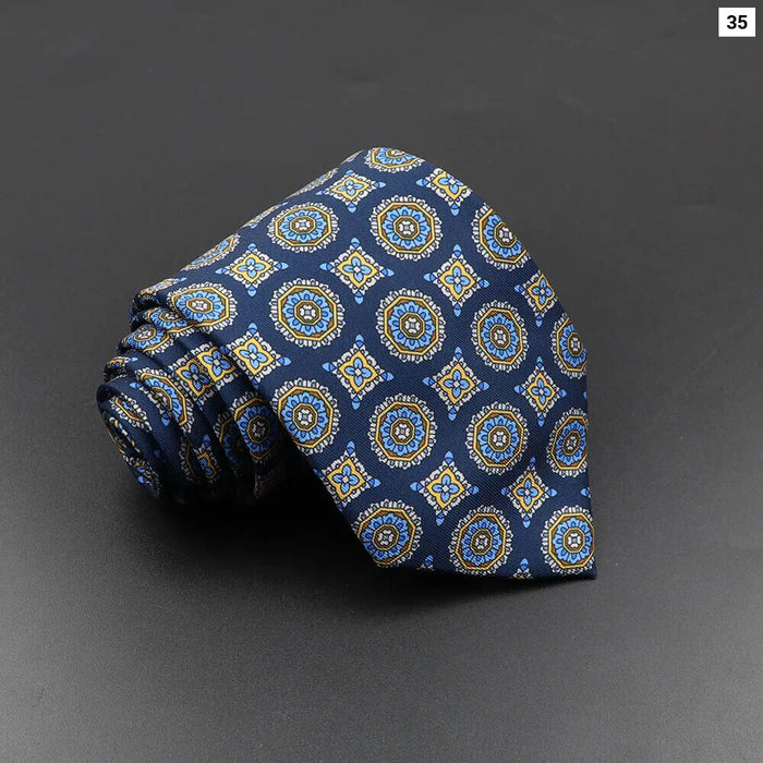 Silk Tie For Men 7.5Cm Soft Novelty Necktie In Blue Green And Orange Dot And Floral Design For Weddings And Business Gift Idea