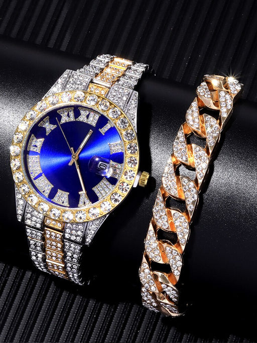 2pcs Fashion Luxury Full Diamond Steel Band Calendar Roman