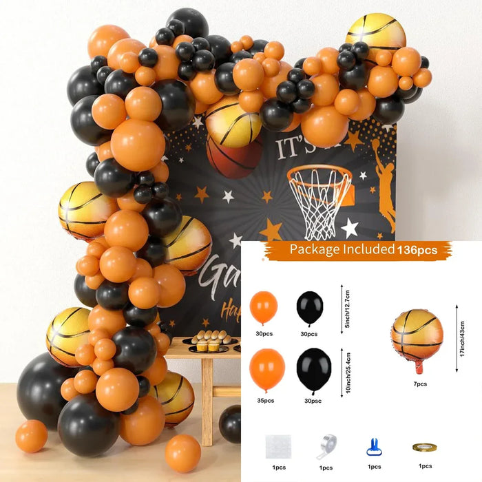 136Pcs Basketball Balloon Set Orange Black Balloon Chain Basketball Set Boys Birthday Party Sports Themed Balloon Supplies