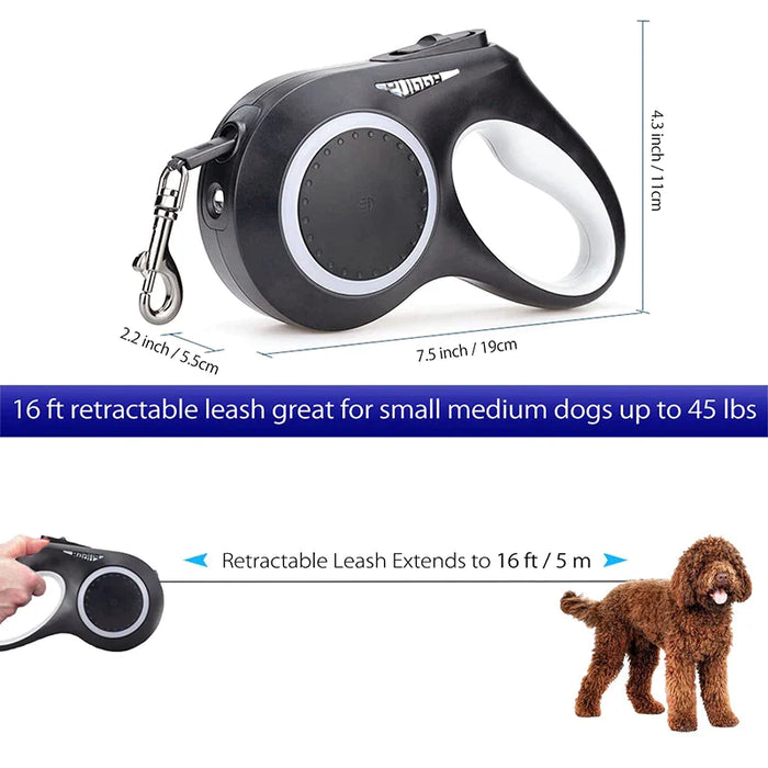 Led Retractable Dog Leash Rechargeable No Tangle Anti Slip Handle 5M 16.4Ft Small Medium Dogs