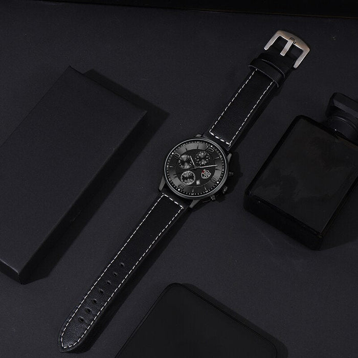 3PCS Set Fashion Mens Calendar Watches Luxury Men Business Black Stainless Steel Quartz Watch Male Necklace Bracelet Wristwatch