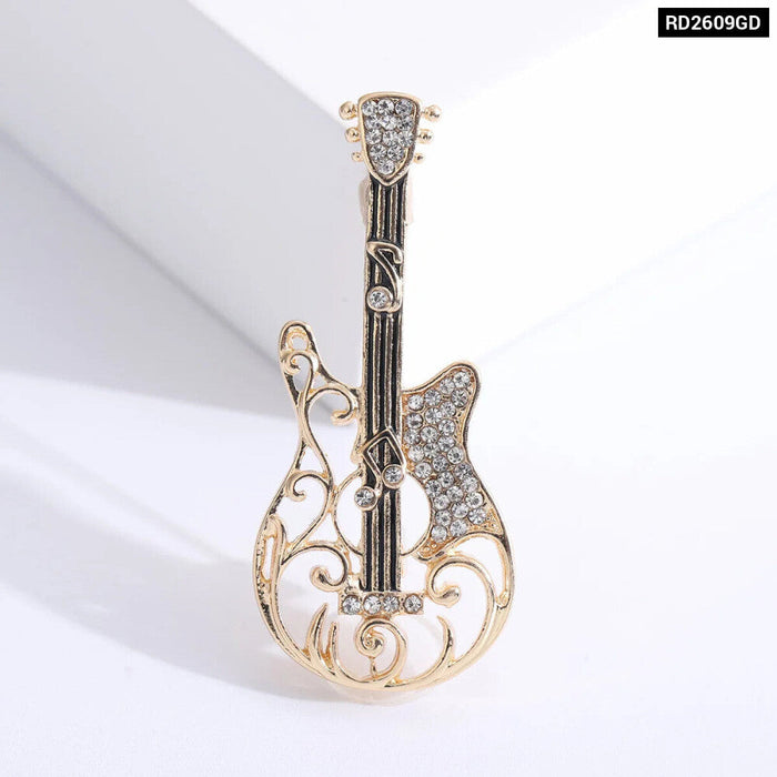 Guitar Brooch Pin Punk Spirit Hollow Out Design Rhinestone