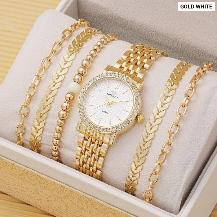 6Pcs Dainty Quartz Watches Simple Bracelet Women Leisure Casual Round Pointer Rhinestone Dial Watch Wheat Bracelet Set