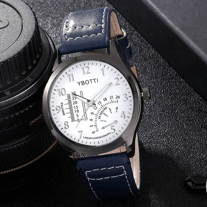 4Pcs Set Fashion Mens Sports Watches Man Business Quartz Wristwatch Luxury Blue Leather Bracelet Men Casual Clock Watch