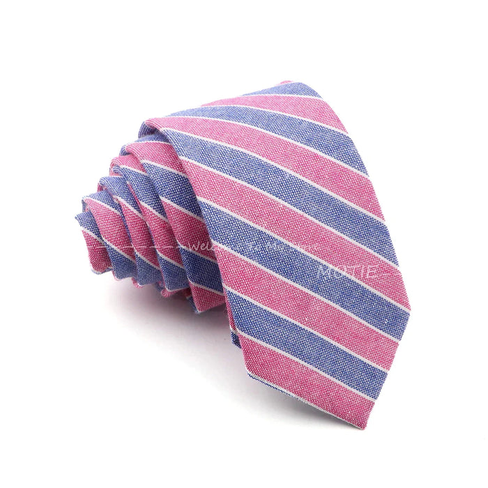 Classic Plaid Striped Cotton Necktie Blue Pink For Business And Weddings