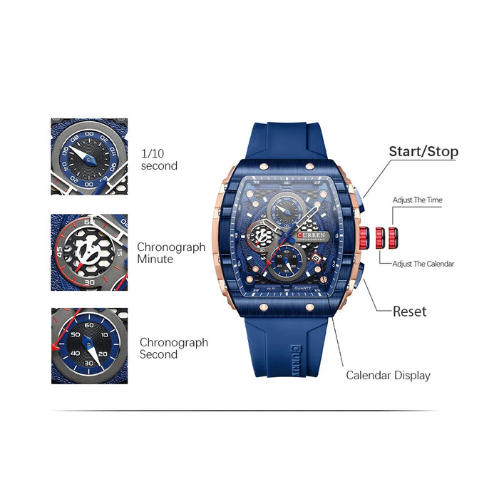 Silicone Rectangular Hollow Design Chrongraph Quartz Wristwatch