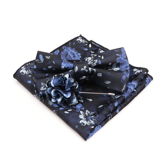 Blue Floral Pocket Square Set Bowtie Cufflink Brooch For Weddings