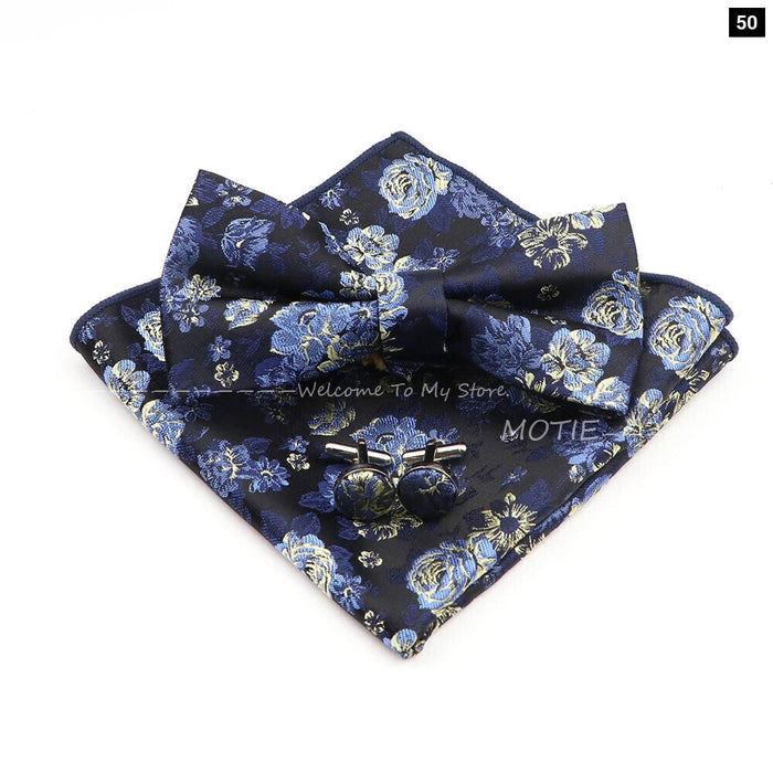 Blue Floral Pocket Square Set Bowtie Cufflink Brooch For Weddings