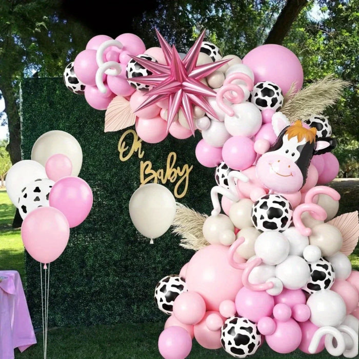 129Pcs Cow Balloon Arch Set With White Cow Print Balloon And Pink Starburst Farm Cowboy Girl Cow Theme Birthday Party Decoration
