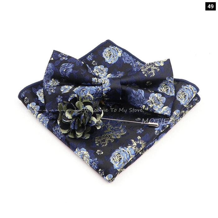 Blue Floral Pocket Square Set Bowtie Cufflink Brooch For Weddings