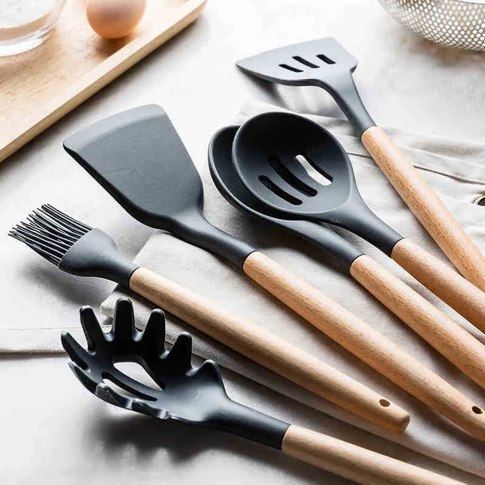 12 Piece Wooden Handle Silicone Kitchen Utensils Storage