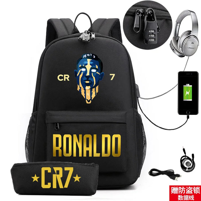 Ronaldo Printed Backpack With Usb And Lock 2 Piece Set