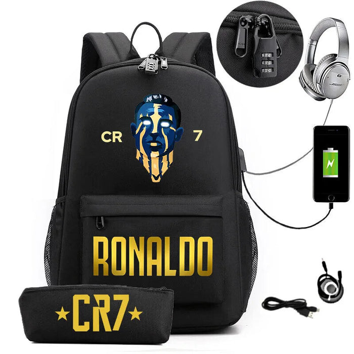 Ronaldo Printed Backpack With Usb And Lock 2 Piece Set