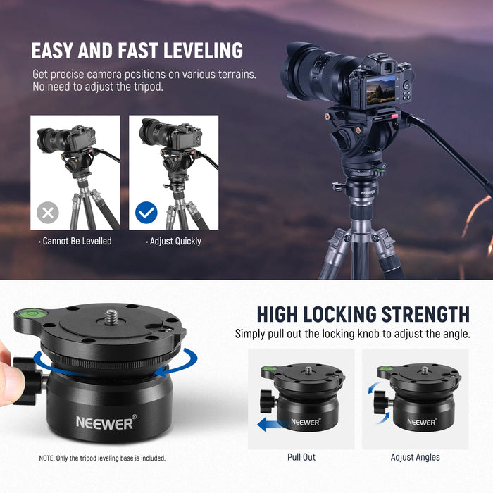 Adjustable Tripod Leveling Base For Dslr Cameras 1/4 3/8 Screw Aluminum Construction