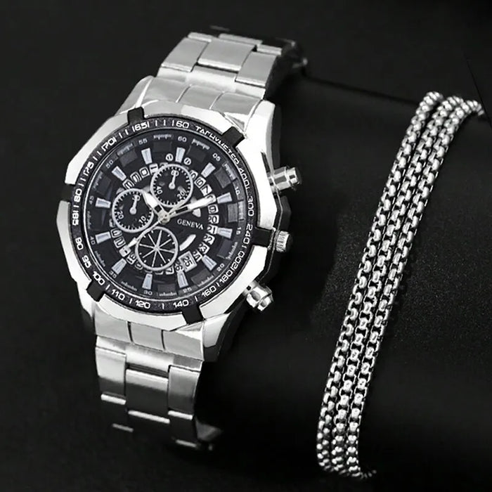 Fashion Mens Necklace Watches Luxury Stainless Steel Quartz Wristwatch Calendar Men Business Casual Watch