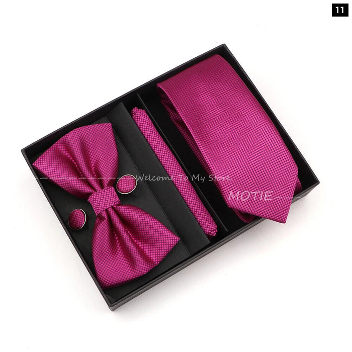 Premium Striped Tie Set Box Necktie Bowtie Handkerchief Cufflinks For Weddings And Suits