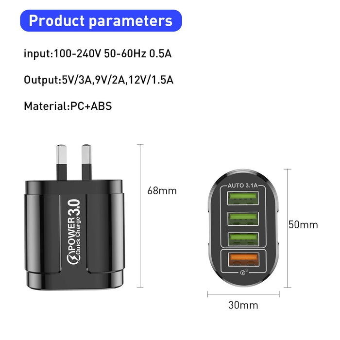 48W Fast Charging 4 Port Usb Charger With Qc 3.0 For Travel