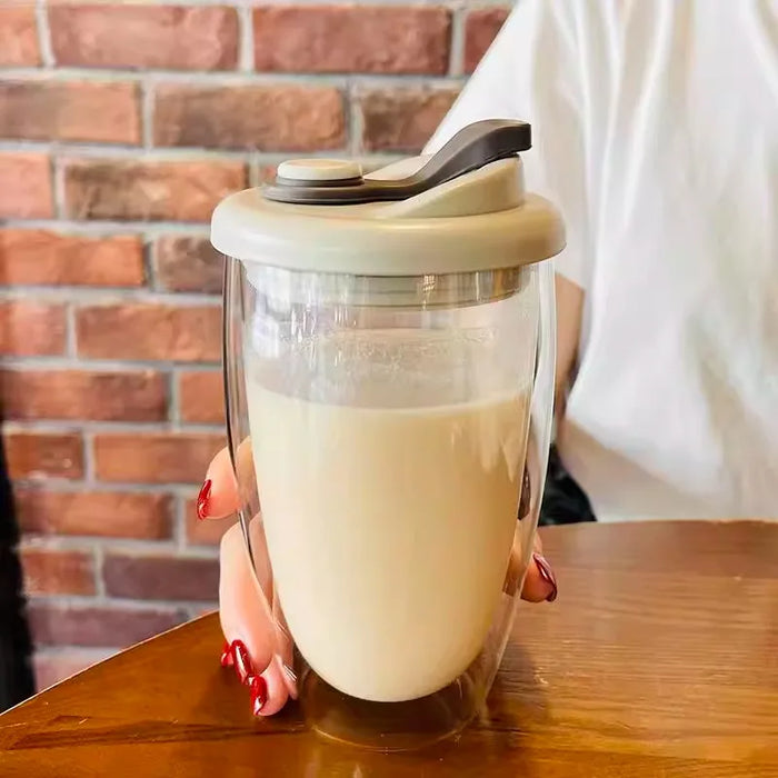 Double Glass Coffee Mug With Lid