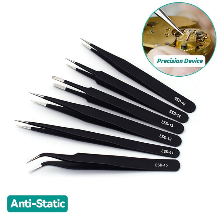 6PCS Precision Tweezers Set ESD Anti Static Stainless Steel Tweezers Repair Tools for Electronics Repair Soldering Craft