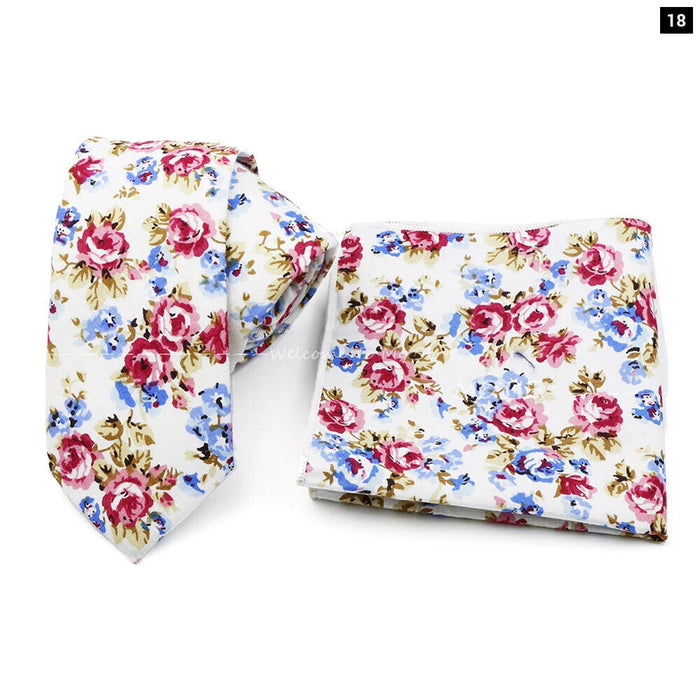 Floral Cotton Ties And Pocket Square Set For Business And Weddings