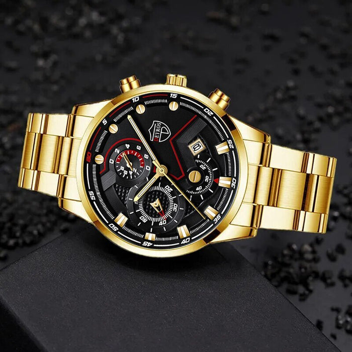 2PCS Fashion Mens Necklace Watches Set Men Business Calendar Stainless Steel Quartz Watch Male Casual Sports Wristwatch