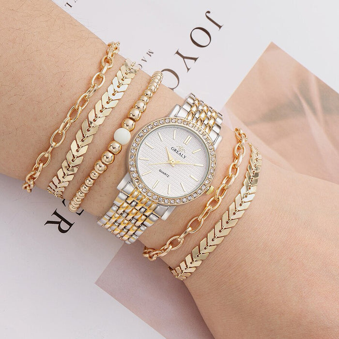 6Pcs Dainty Quartz Watches Simple Bracelet Women Leisure Casual Round Pointer Rhinestone Dial Watch Wheat Bracelet Set