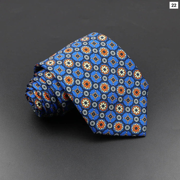 Silk Tie For Men 7.5Cm Soft Novelty Necktie In Blue Green And Orange Dot And Floral Design For Weddings And Business Gift Idea