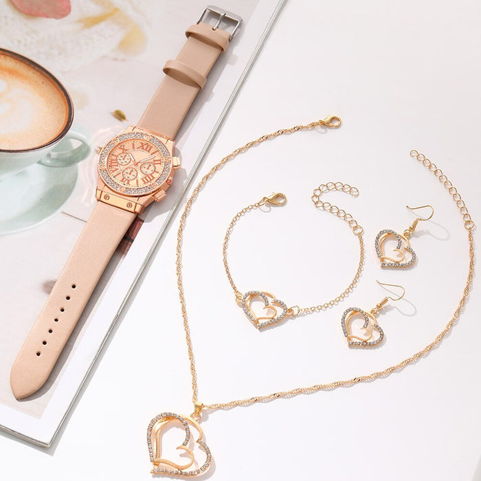 5Pcs Set Fashion Women Jewelry Watches Ladies Dress Leather Quartz Watch Rhinestone Womens Necklace Earrings Bracelet Wristwatch